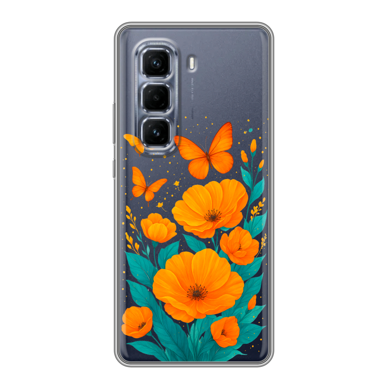 Силиконовый чехол на Infinix Hot 50 Pro Plus с принтом цветы бабочки Силиконовый чехол на Infinix Hot 50 Pro Plus с принтом цветы бабочки