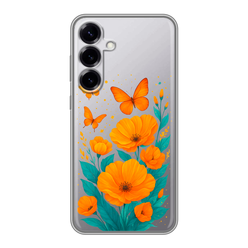 Силиконовый чехол на Samsung Galaxy S25 Plus с принтом цветы бабочки Силиконовый чехол на Samsung Galaxy S25 Plus с принтом цветы бабочки