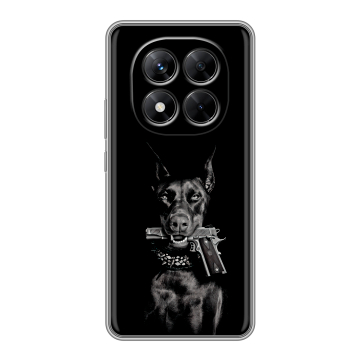 Силиконовый чехол на Xiaomi Redmi Note 14 Pro 5G с принтом Доберман и пистолет Силиконовый чехол на Xiaomi Redmi Note 14 Pro 5G с принтом Доберман и пистолет