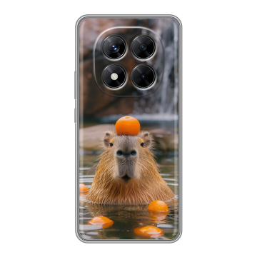 Силиконовый чехол на Xiaomi Redmi Note 14 Pro 5G с принтом Капибара с апельсином Силиконовый чехол на Xiaomi Redmi Note 14 Pro 5G с принтом Капибара с апельсином