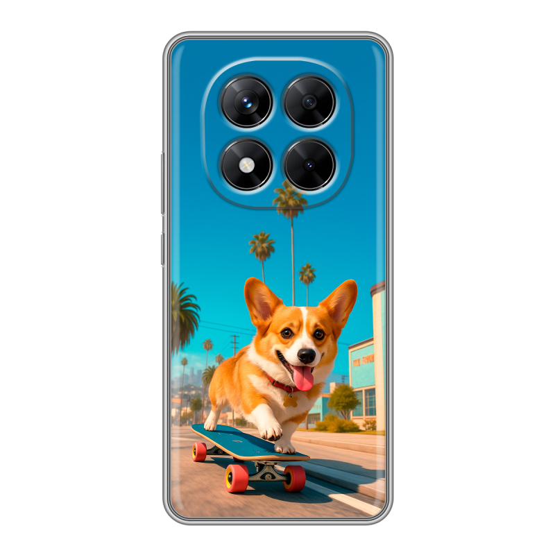 Силиконовый чехол на Xiaomi Redmi Note 14 Pro 5G с принтом Корги на скейте Силиконовый чехол на Xiaomi Redmi Note 14 Pro 5G с принтом Корги на скейте