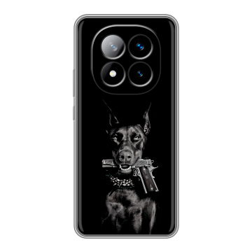 Силиконовый чехол на Xiaomi Redmi Note 14 Pro Plus с принтом Доберман и пистолет Силиконовый чехол на Xiaomi Redmi Note 14 Pro Plus с принтом Доберман и пистолет