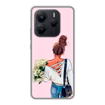 Силиконовый чехол на Xiaomi Redmi Note 14 с принтом Девушка и букет Силиконовый чехол на Xiaomi Redmi Note 14 с принтом Девушка и букет