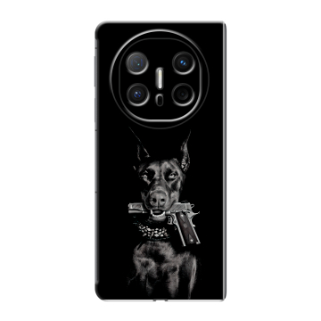 Пластиковый чехол на Huawei Mate X6 с принтом Доберман и пистолет Пластиковый чехол на Huawei Mate X6 с принтом Доберман и пистолет