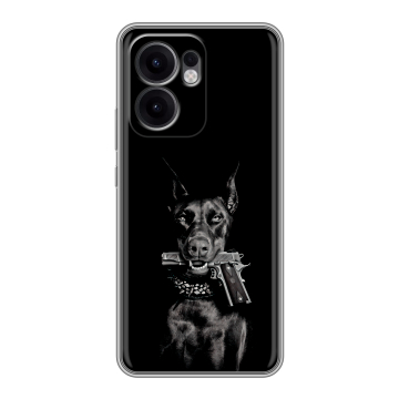 Силиконовый чехол на OPPO Reno 13F с принтом Доберман и пистолет Силиконовый чехол на OPPO Reno 13F с принтом Доберман и пистолет