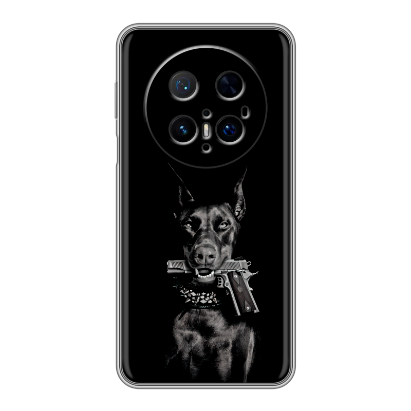 Силиконовый чехол на Huawei Mate 70 Pro с принтом Доберман и пистолет Силиконовый чехол на Huawei Mate 70 Pro с принтом Доберман и пистолет