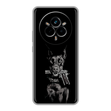 Силиконовый чехол на Realme 14 Pro с принтом Доберман и пистолет