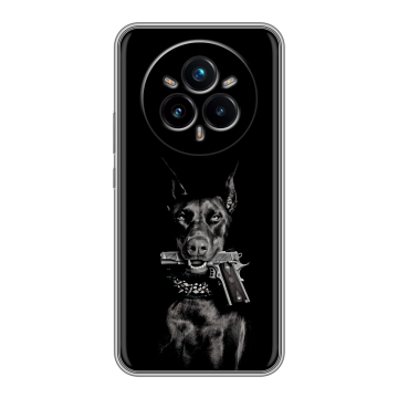 Силиконовый чехол на Realme 14 Pro Plus с принтом Доберман и пистолет Силиконовый чехол на Realme 14 Pro Plus с принтом Доберман и пистолет