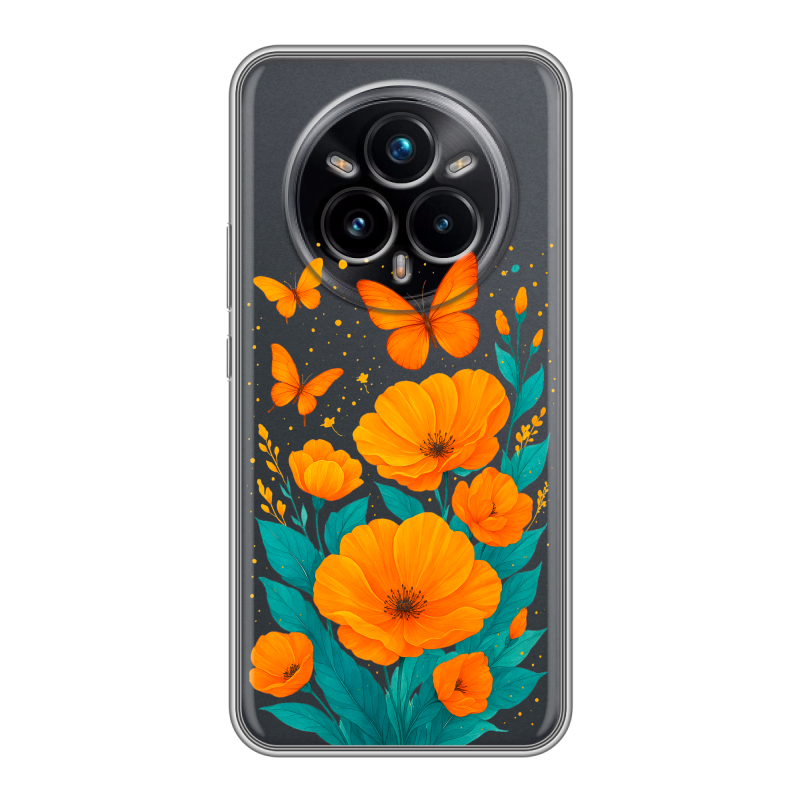 Силиконовый чехол на Realme 14 Pro Plus с принтом цветы бабочки Силиконовый чехол на Realme 14 Pro Plus с принтом цветы бабочки