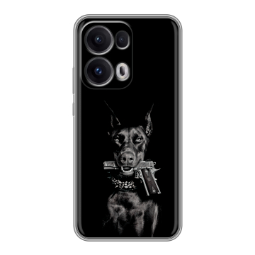 Силиконовый чехол на OPPO Reno13 Pro с принтом Доберман и пистолет Силиконовый чехол на OPPO Reno13 Pro с принтом Доберман и пистолет