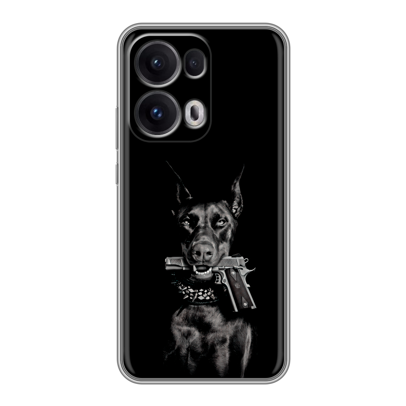 Силиконовый чехол на OPPO Reno13 Pro с принтом Доберман и пистолет Силиконовый чехол на OPPO Reno13 Pro с принтом Доберман и пистолет