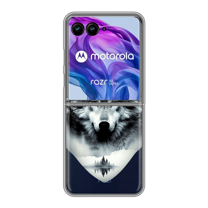 Пластиковый чехол на Motorola Razr 50 Ultra с принтом Волк в лесу Пластиковый чехол на Motorola Razr 50 Ultra с принтом Волк в лесу