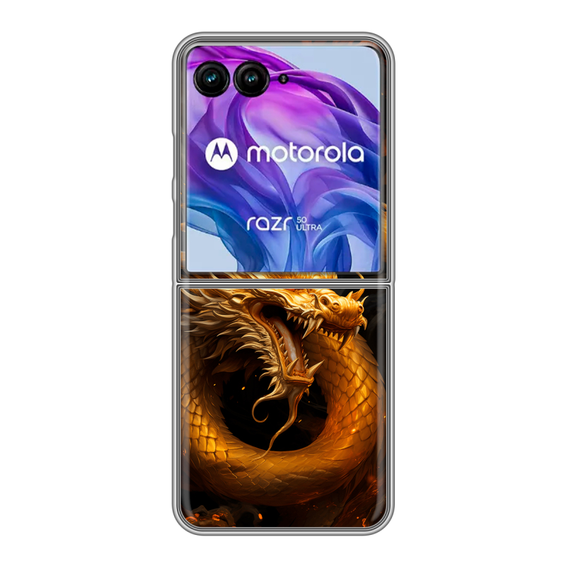 Пластиковый чехол на Motorola Razr 50 Ultra с принтом Золотой дракон Пластиковый чехол на Motorola Razr 50 Ultra с принтом Золотой дракон
