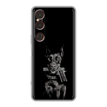 Силиконовый чехол на Sony Xperia 1 VI с принтом Доберман и пистолет Силиконовый чехол на Sony Xperia 1 VI с принтом Доберман и пистолет