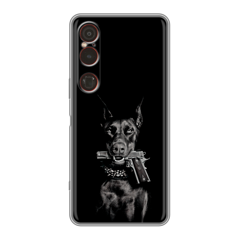 Силиконовый чехол на Sony Xperia 1 VI с принтом Доберман и пистолет Силиконовый чехол на Sony Xperia 1 VI с принтом Доберман и пистолет