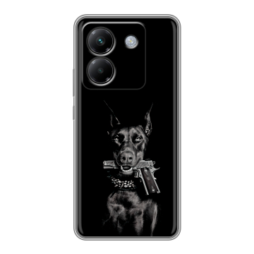 Силиконовый чехол на Poco M7 Pro 5G с принтом Доберман и пистолет Силиконовый чехол на Poco M7 Pro 5G с принтом Доберман и пистолет