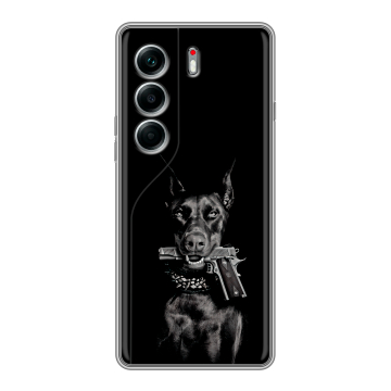 Силиконовый чехол на Tecno Camon 40 Pro 4G с принтом Доберман и пистолет Силиконовый чехол на Tecno Camon 40 Pro 4G с принтом Доберман и пистолет