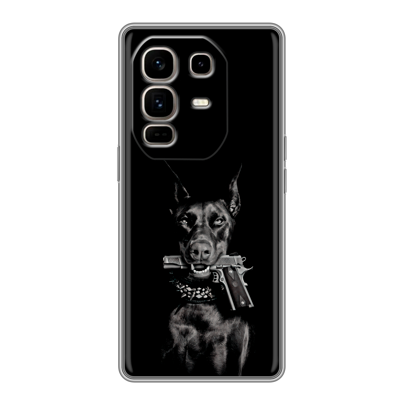 Силиконовый чехол на Infinix Note 50 Pro Plus с принтом Доберман и пистолет Силиконовый чехол на Infinix Note 50 Pro Plus с принтом Доберман и пистолет