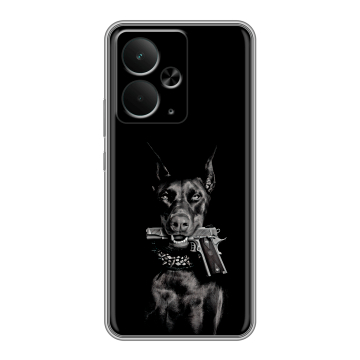 Силиконовый чехол на Realme 14 5G с принтом Доберман и пистолет