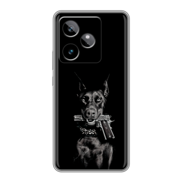 Силиконовый чехол на Realme GT 7T с принтом Доберман и пистолет Силиконовый чехол на Realme GT 7T с принтом Доберман и пистолет