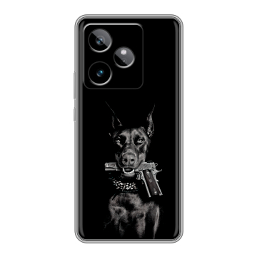 Силиконовый чехол на Realme GT7 с принтом Доберман и пистолет Силиконовый чехол на Realme GT7 с принтом Доберман и пистолет
