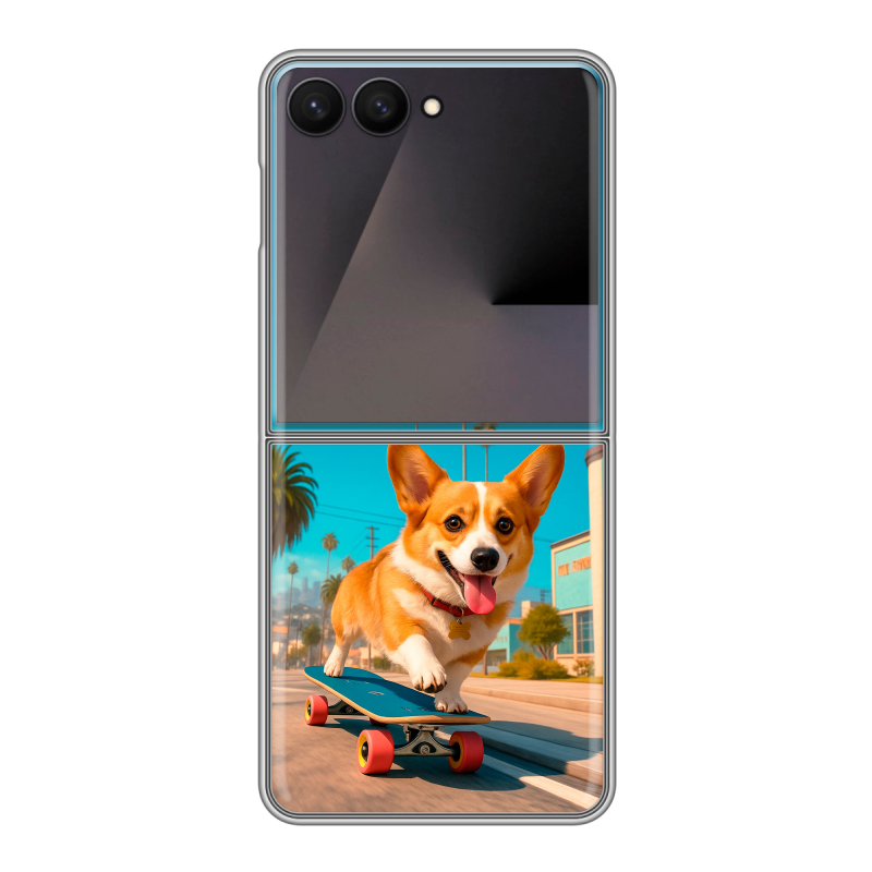 Пластиковый чехол на Samsung Galaxy Z Flip 7 с принтом Корги на скейте Пластиковый чехол на Samsung Galaxy Z Flip 7 с принтом Корги на скейте