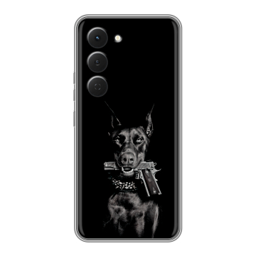 Силиконовый чехол на Tecno Spark 40 Pro с принтом Доберман и пистолет Силиконовый чехол на Tecno Spark 40 Pro с принтом Доберман и пистолет