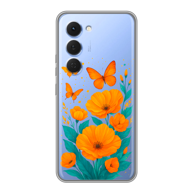 Силиконовый чехол на Tecno Spark 40 Pro с принтом цветы бабочки Силиконовый чехол на Tecno Spark 40 Pro с принтом цветы бабочки