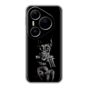 Силиконовый чехол на Huawei Pura 80 Pro, 80 Pro Plus с принтом Доберман и пистолет Силиконовый чехол на Huawei Pura 80 Pro, 80 Pro Plus с принтом Доберман и пистолет