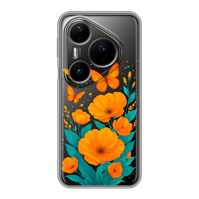 Силиконовый чехол на Huawei Pura 80 Pro, 80 Pro Plus с принтом цветы бабочки Силиконовый чехол на Huawei Pura 80 Pro, 80 Pro Plus с принтом цветы бабочки