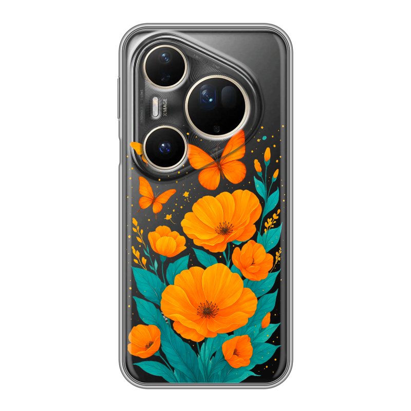 Силиконовый чехол на Huawei Pura 80 Ultra с принтом цветы бабочки Силиконовый чехол на Huawei Pura 80 Ultra с принтом цветы бабочки
