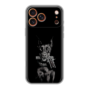 Силиконовый чехол на Iphone 17 Pro с принтом Доберман и пистолет