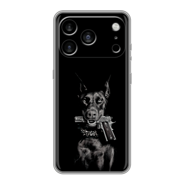 Силиконовый чехол на Iphone 17 Pro Max с принтом Доберман и пистолет Силиконовый чехол на Iphone 17 Pro Max с принтом Доберман и пистолет