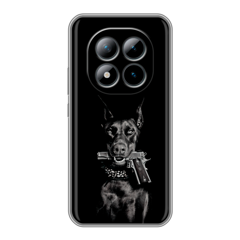 Силиконовый чехол на Xiaomi Redmi Note 15 Pro Plus с принтом Доберман и пистолет Силиконовый чехол на Xiaomi Redmi Note 15 Pro Plus с принтом Доберман и пистолет