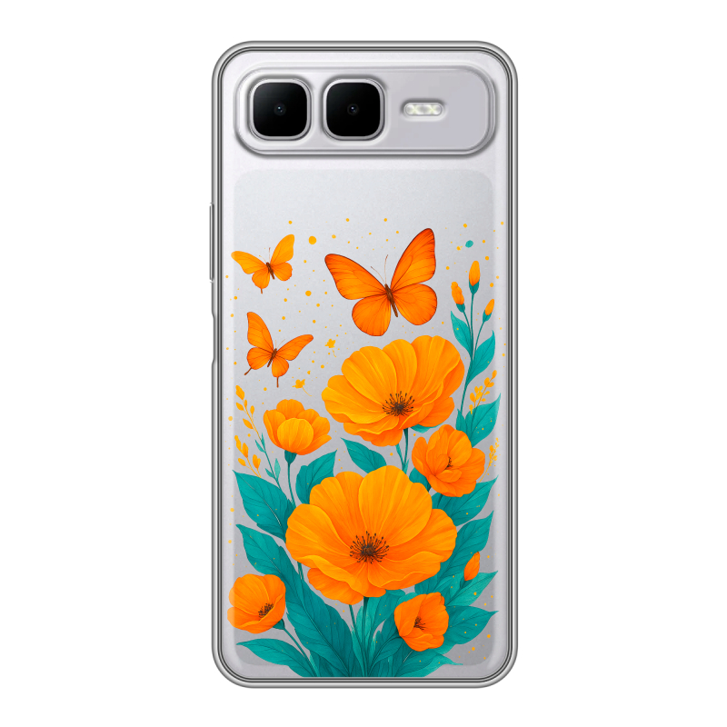 Силиконовый чехол на Infinix Smart 10 Plus с принтом цветы бабочки Силиконовый чехол на Infinix Smart 10 Plus с принтом цветы бабочки