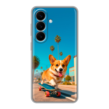 Силиконовый чехол на Samsung Galaxy S26 с принтом Корги на скейте Силиконовый чехол на Samsung Galaxy S26 с принтом Корги на скейте