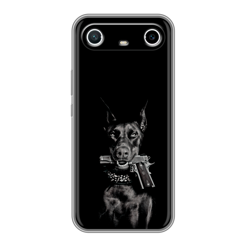 Силиконовый чехол на Tecno Spark Slim с принтом Доберман и пистолет Силиконовый чехол на Tecno Spark Slim с принтом Доберман и пистолет
