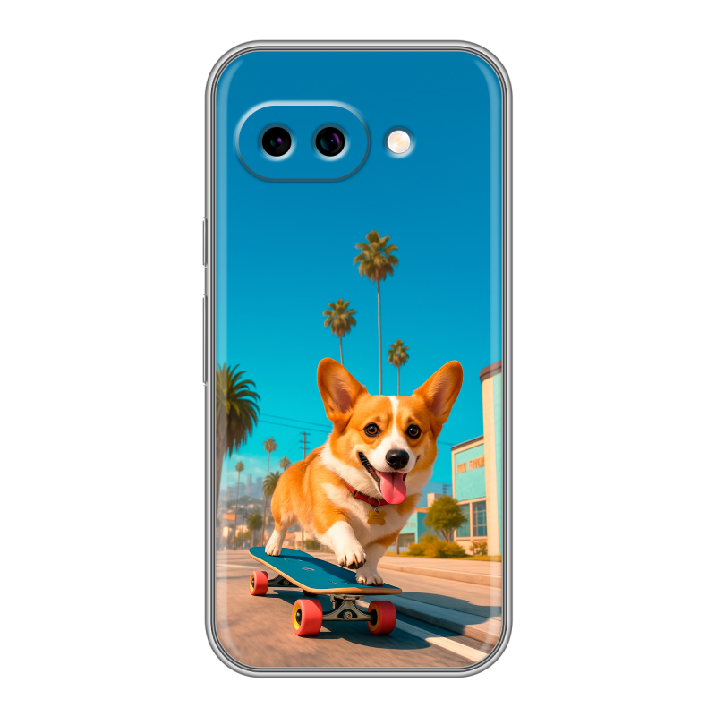 Силиконовый чехол на Google Pixel 9A с принтом Корги на скейте Силиконовый чехол на Google Pixel 9A с принтом Корги на скейте