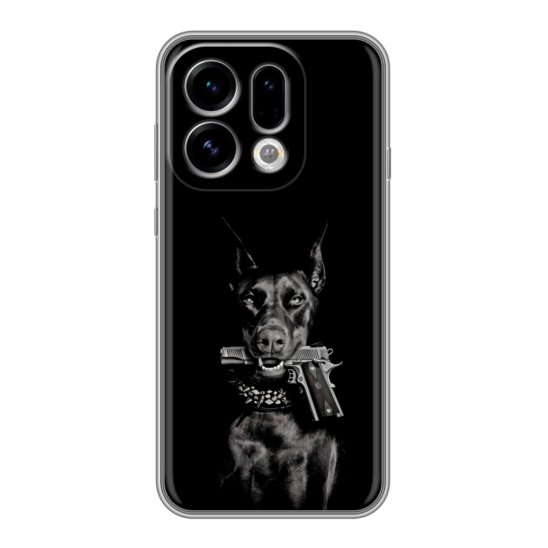 Силиконовый чехол на OPPO Find X9 с принтом Доберман и пистолет Силиконовый чехол на OPPO Find X9 с принтом Доберман и пистолет