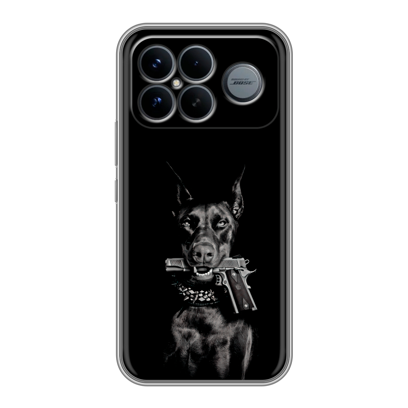 Силиконовый чехол на Poco F8 Ultra с принтом Доберман и пистолет Силиконовый чехол на Poco F8 Ultra с принтом Доберман и пистолет
