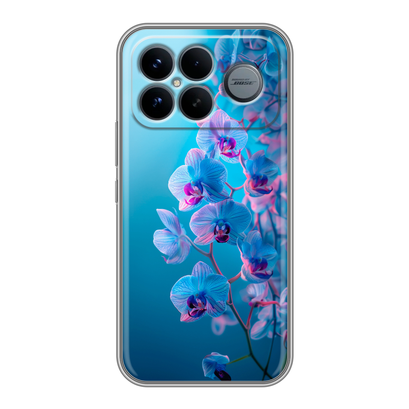 Силиконовый чехол на Poco F8 Ultra с принтом голубые орхидеи Силиконовый чехол на Poco F8 Ultra с принтом голубые орхидеи