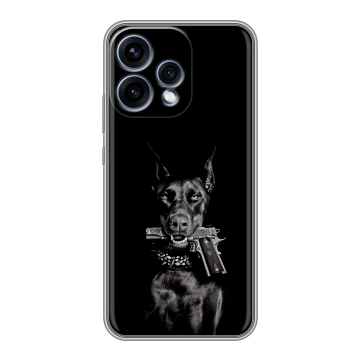 Силиконовый чехол на OPPO Reno15 5G с принтом Доберман и пистолет Силиконовый чехол на OPPO Reno15 5G с принтом Доберман и пистолет