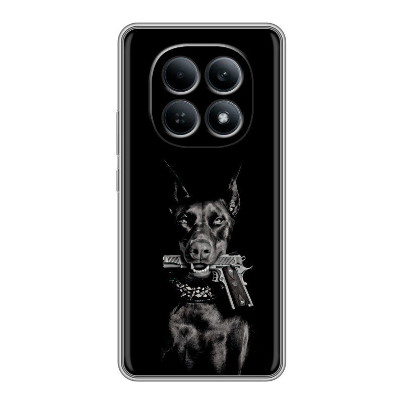 Силиконовый чехол на Redmi Note 15 4G с принтом Доберман и пистолет Силиконовый чехол на Redmi Note 15 4G с принтом Доберман и пистолет