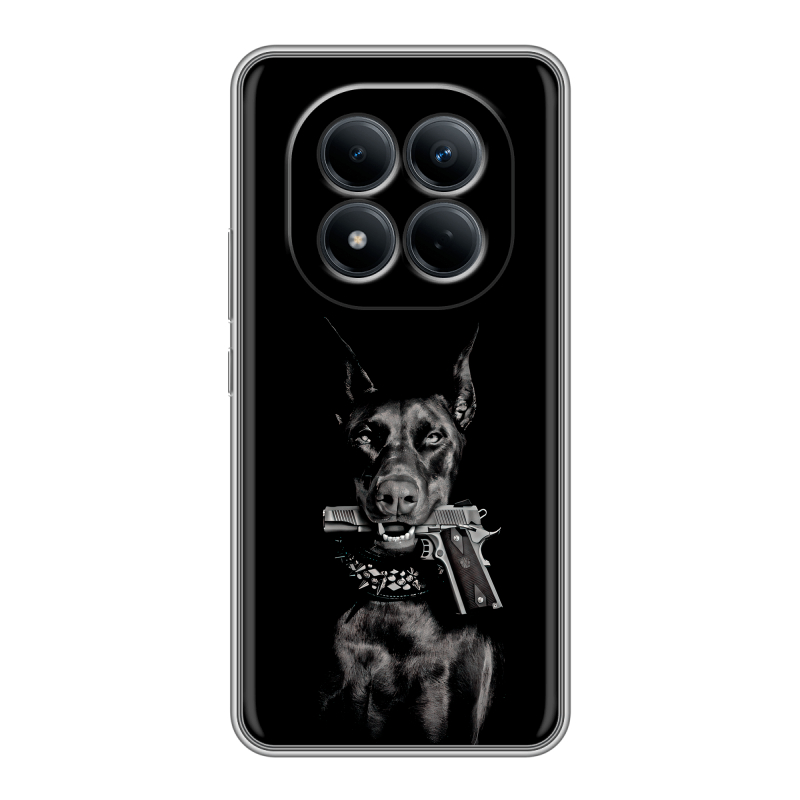 Силиконовый чехол на Redmi Note 15 Pro 4G с принтом Доберман и пистолет Силиконовый чехол на Redmi Note 15 Pro 4G с принтом Доберман и пистолет