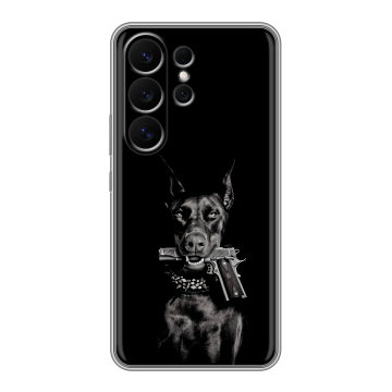 Силиконовый чехол на Samsung Galaxy S26 Ultra с принтом Доберман и пистолет Силиконовый чехол на Samsung Galaxy S26 Ultra с принтом Доберман и пистолет