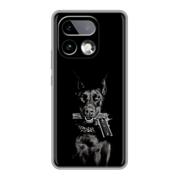 Силиконовый чехол на Realme 16 Pro Plus с принтом Доберман и пистолет Силиконовый чехол на Realme 16 Pro Plus с принтом Доберман и пистолет