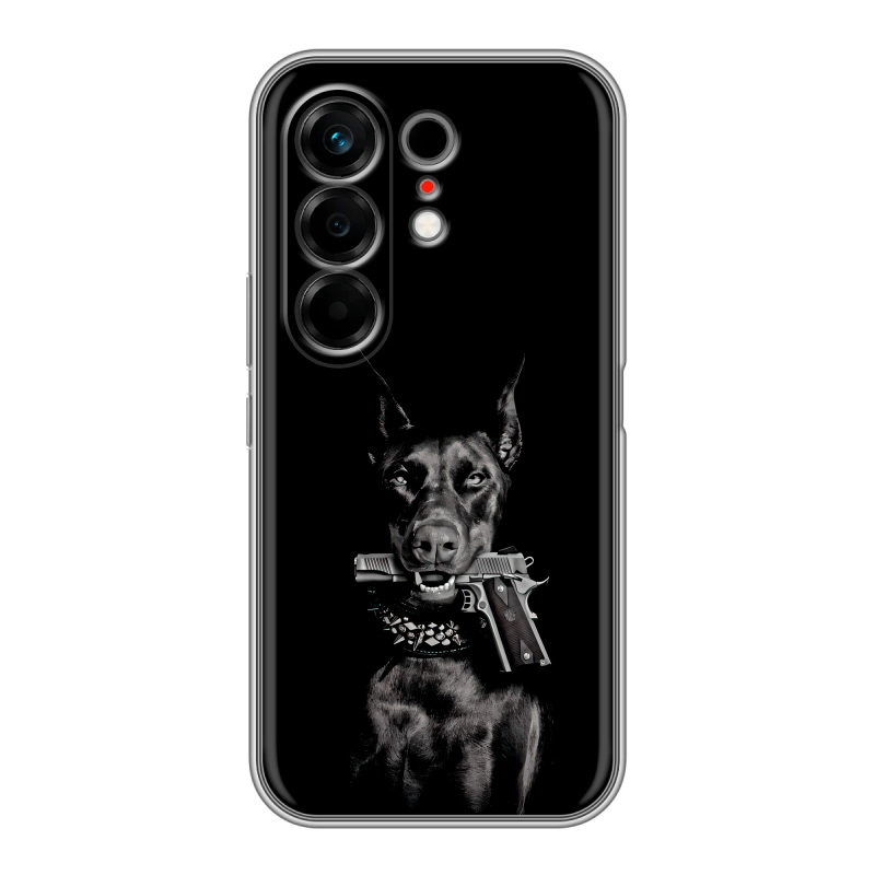 Силиконовый чехол на Tecno Camon 50 с принтом Доберман и пистолет Силиконовый чехол на Tecno Camon 50 с принтом Доберман и пистолет