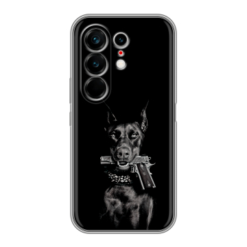 Силиконовый чехол на Tecno Camon 50 Ultra с принтом Доберман и пистолет Силиконовый чехол на Tecno Camon 50 Ultra с принтом Доберман и пистолет