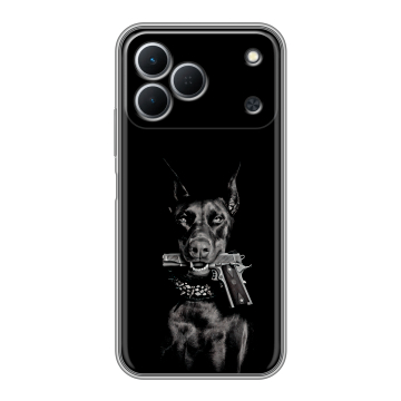 Силиконовый чехол на Tecno Spark 50 с принтом Доберман и пистолет Силиконовый чехол на Tecno Spark 50 с принтом Доберман и пистолет