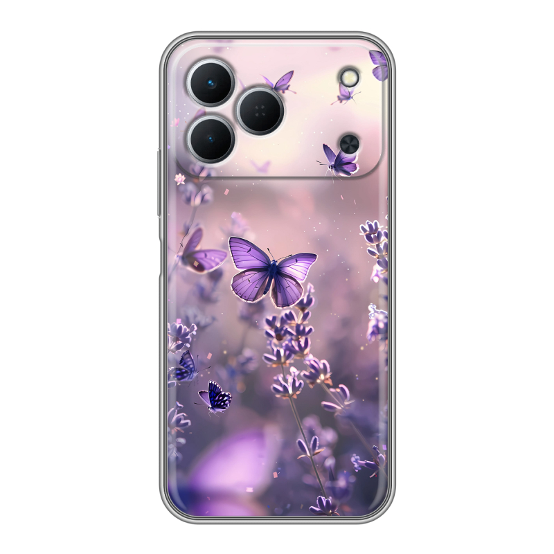 Силиконовый чехол на Tecno Spark 50 с принтом бабочки и лаванда Силиконовый чехол на Tecno Spark 50 с принтом бабочки и лаванда